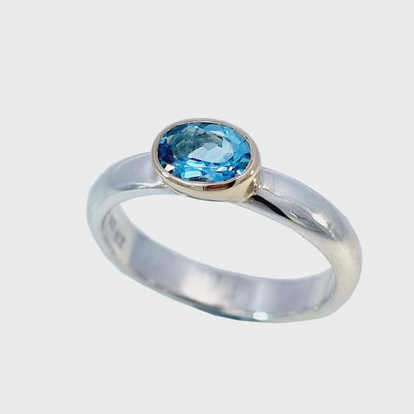 RG ss/9Y Hand made two tone Sterling Silver & yellow Gold Aquamarine ring size S