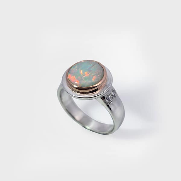 Light Opal ' Floral Moss ' dress ring in Sterling Silver & 18ct Rosegold