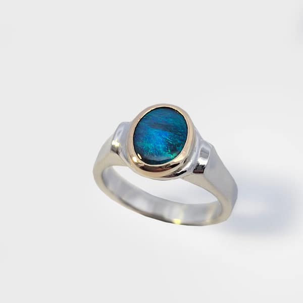 Black Opal 'Moss ' dress ring in Sterling Silver & 18ct Yellow Gold